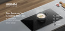 Robam induction cooktop with a pot on it, featuring the brand name and product details.
